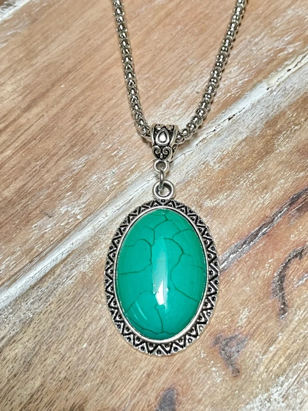Turquoise Oval Pendant Necklace and Earring Set - Silver-Tone
